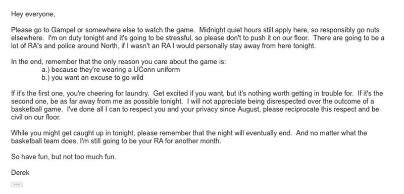 Illustration for article titled UConn RA Will Not Tolerate Basketball Excitement On His Floor